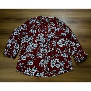 Womens Karl Lagerfeld Floral Faux Pearl Button down‎ Ruffled Blouse Top